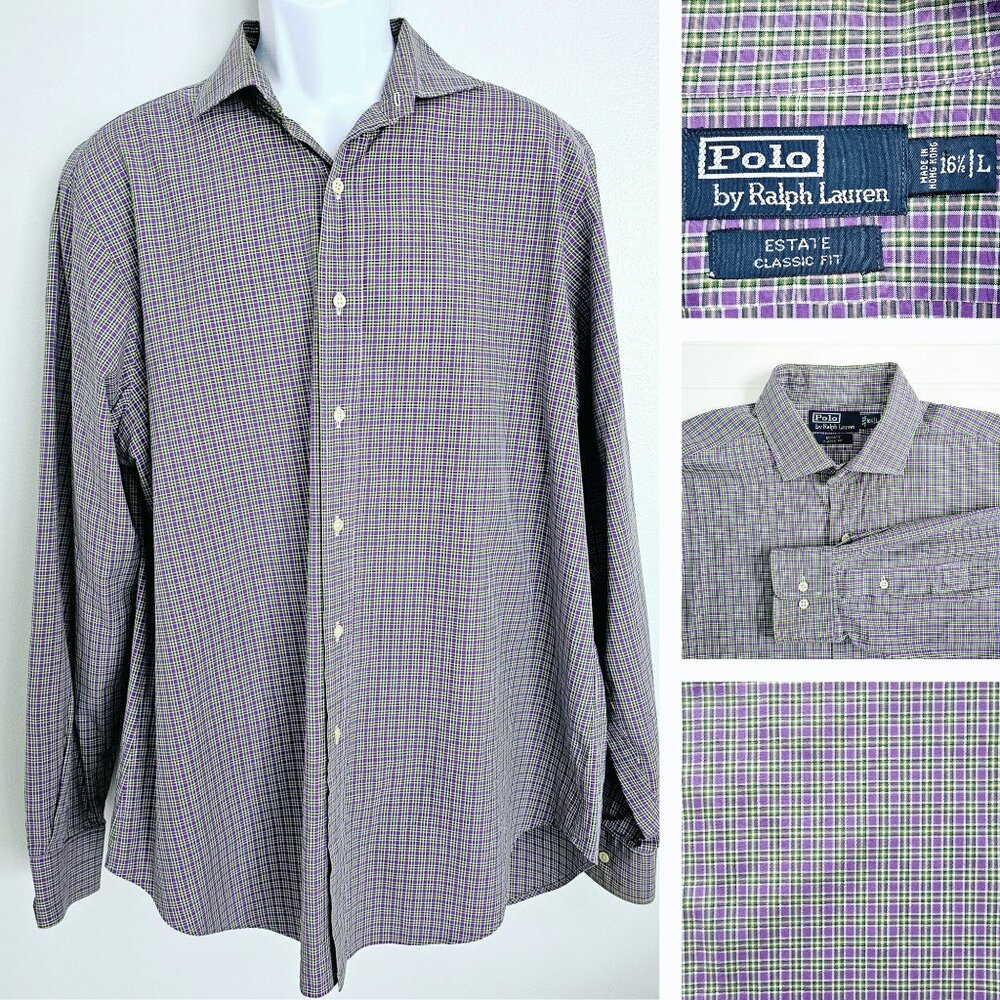 Polo Ralph Lauren Shirt Mens L Purple Green Check Plaid Estate Button-Up